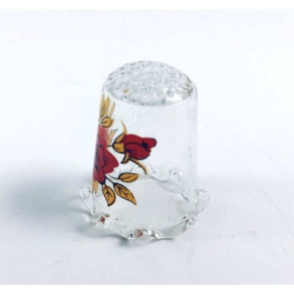 Handcrafted Glass Thimble With Red Rose Floral Design - Picture 2 of 5